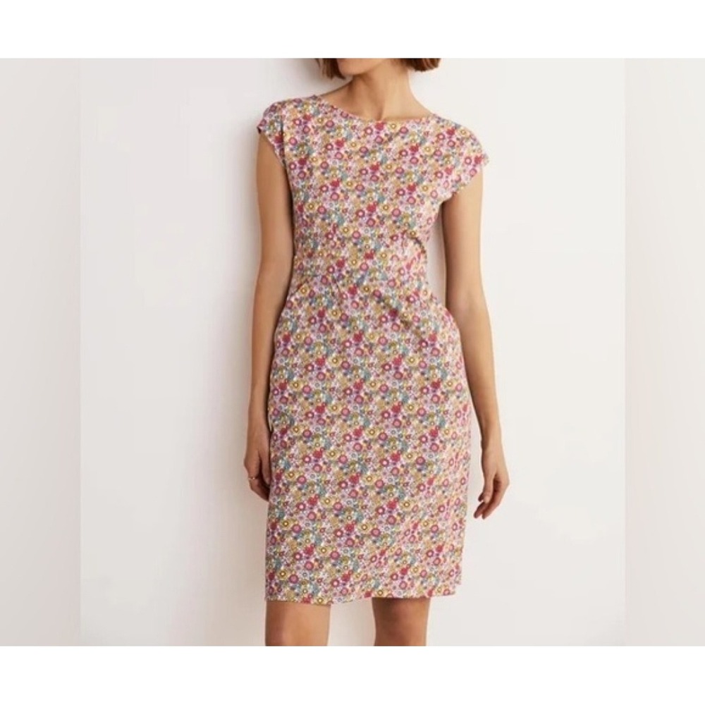 Boden Florrie Floral Jersey Dress Womens 6P Petite Multi Color Cap Sleeve Pocket